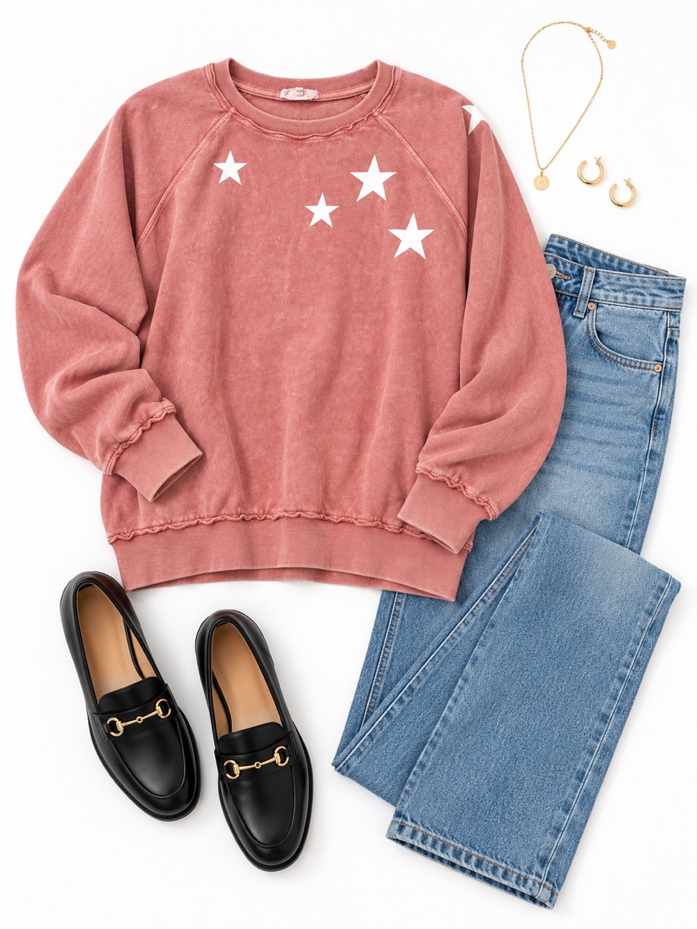 Easel L Dusty Pink Mineral Wash Star Sweatshirt Oversized Preppy Boho